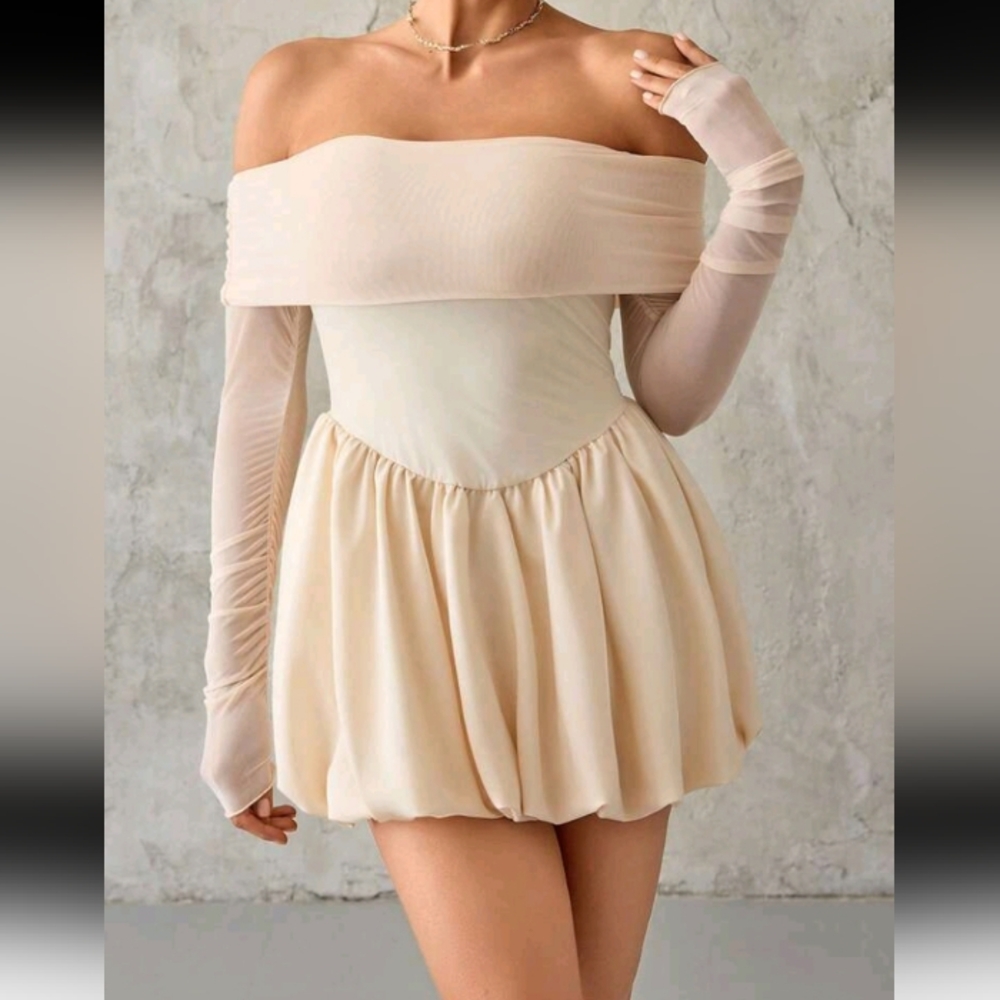 Women's Off-Shoulder Mesh Long Sleeve Dress With Flounced Hem - Picture 1 of 5